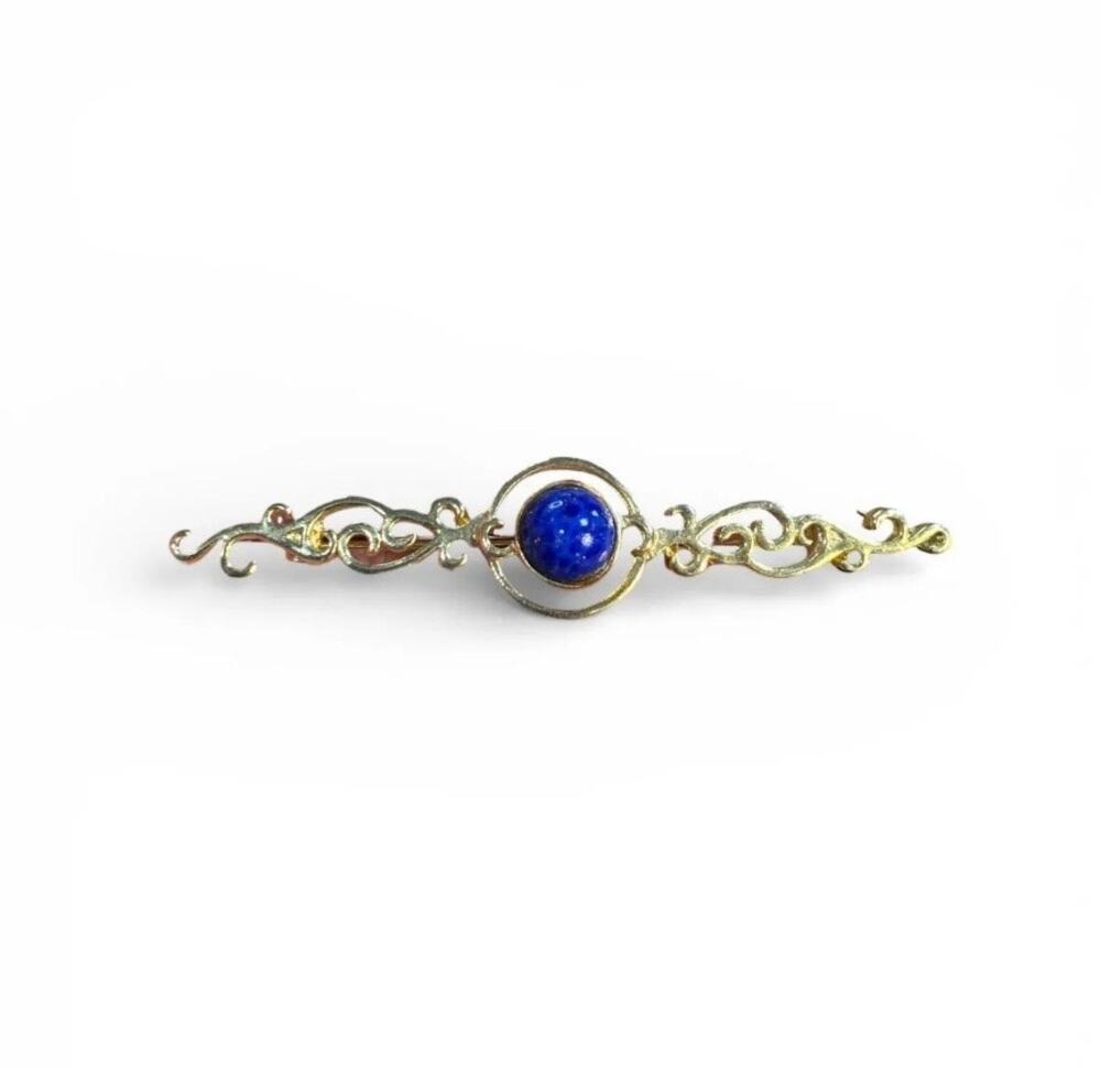 Vintage Gold Tone Bar Brooch Blue Cabochon Stone Filigree Victorian Style Pin
